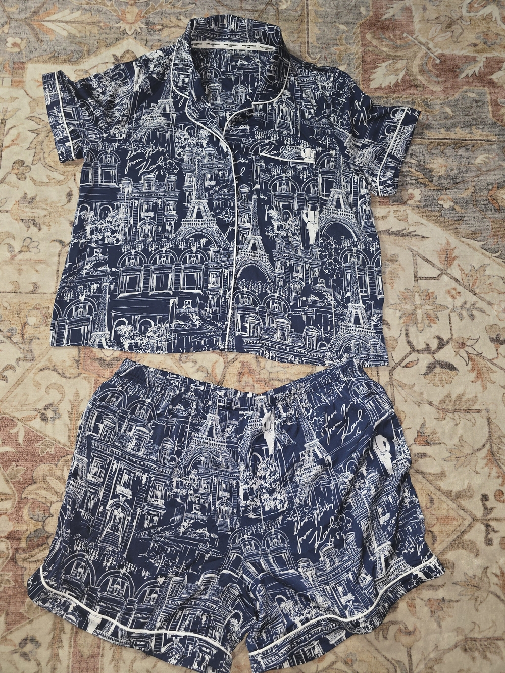 Karl Lagerfeld Navy and White Paris-Print Short Pajama Set